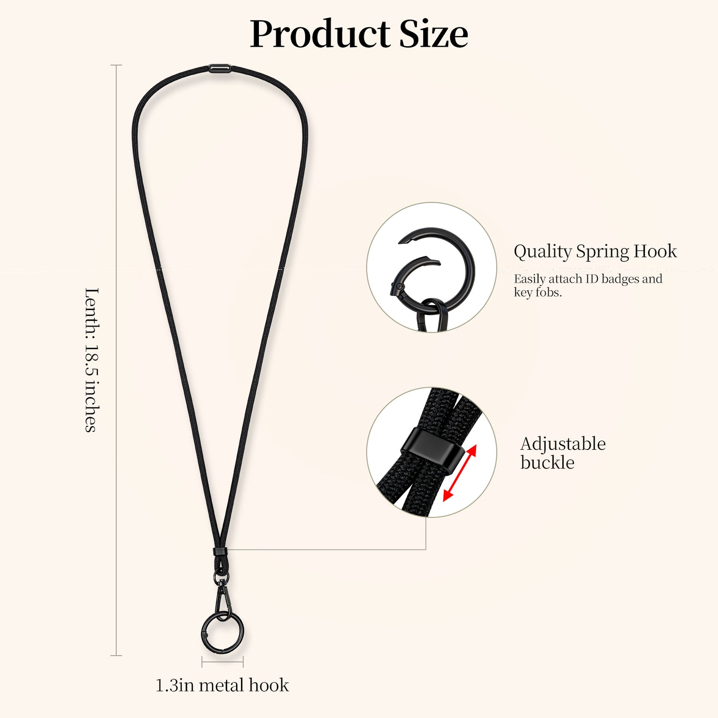 Black Breakaway Lanyard with Metal Key Ring, Round Polyester Neck Strap for Keys, ID Badge Holders, Office, School