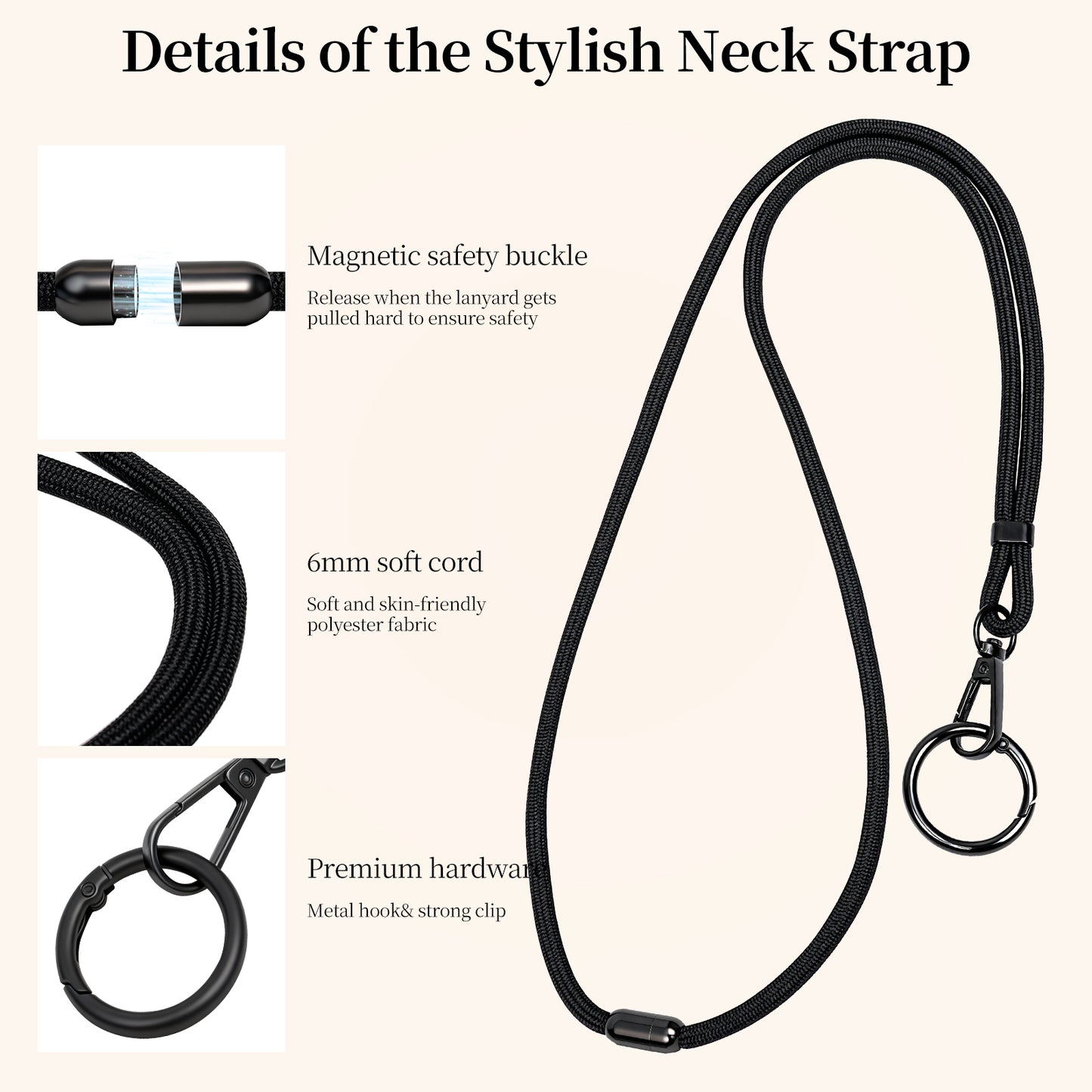 Black Breakaway Lanyard with Metal Key Ring, Round Polyester Neck Strap for Keys, ID Badge Holders, Office, School