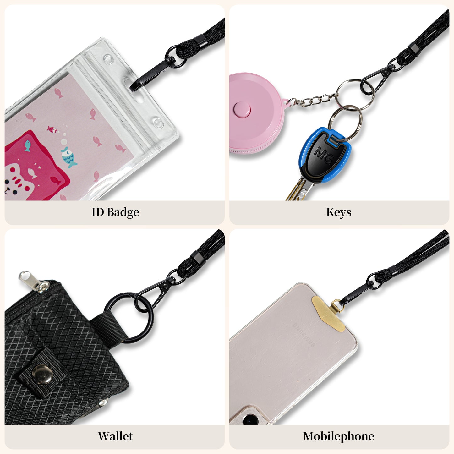Black Breakaway Lanyard with Metal Key Ring, Round Polyester Neck Strap for Keys, ID Badge Holders, Office, School