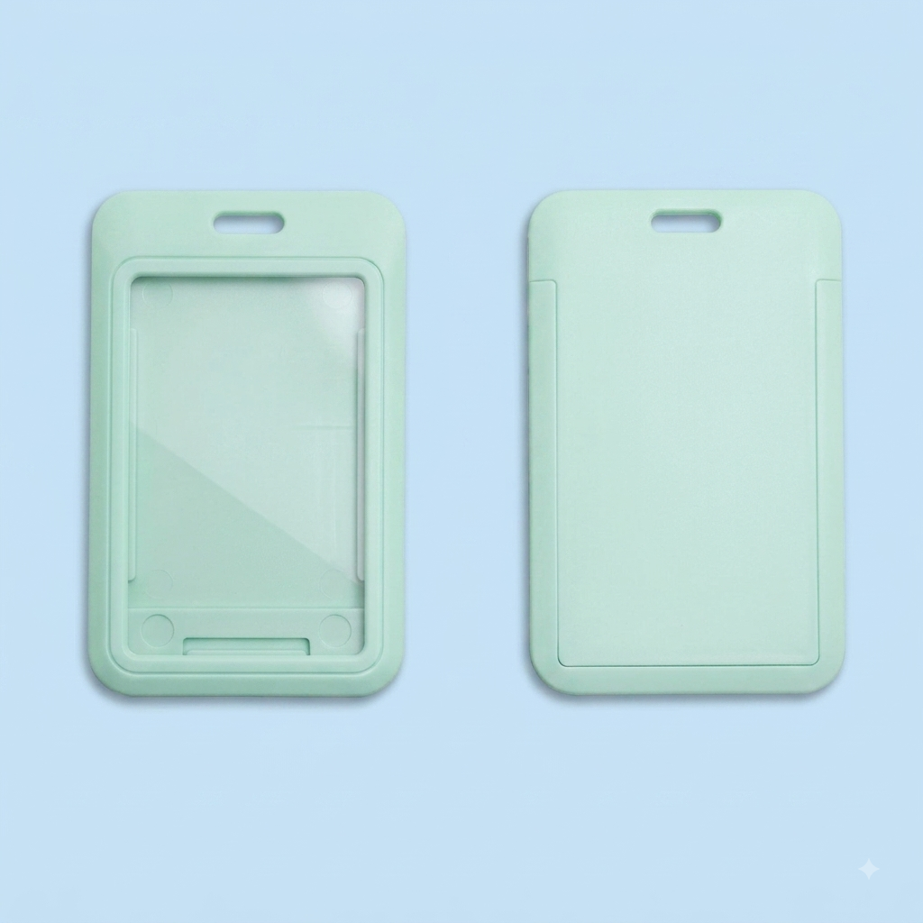 Green hard plastic badge holder shown from front and back